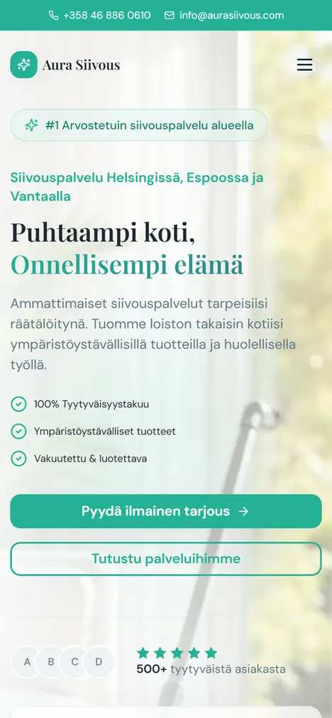 Сайтът на Aura Siivous на телефон