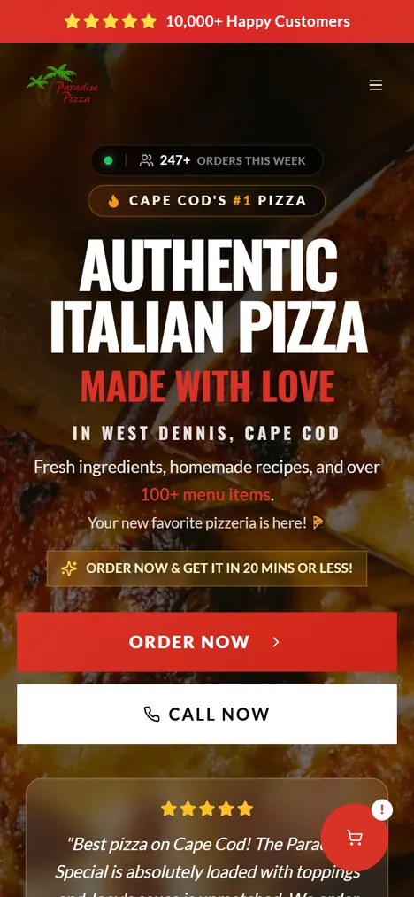 Сайтът на Paradise Pizza на телефон